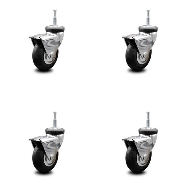 3 Inch Chrome Hooded Neoprene Rubber Grip Ring Stem Casters with Brake SCC, 4PK